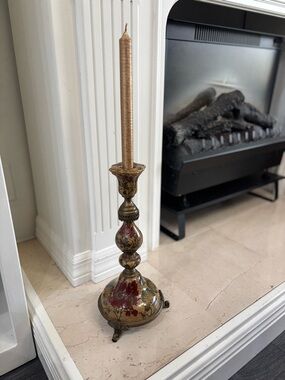 Vintage Castilian floral porcelain and brass candlestick holder 13by6 inches